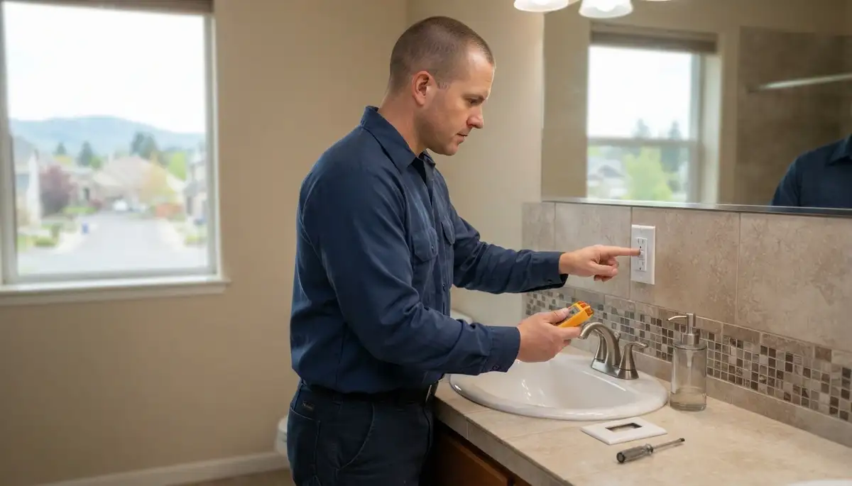 Electrician-installed GFCI outlet providing ground-fault protection in a Sandy, Utah bathroom