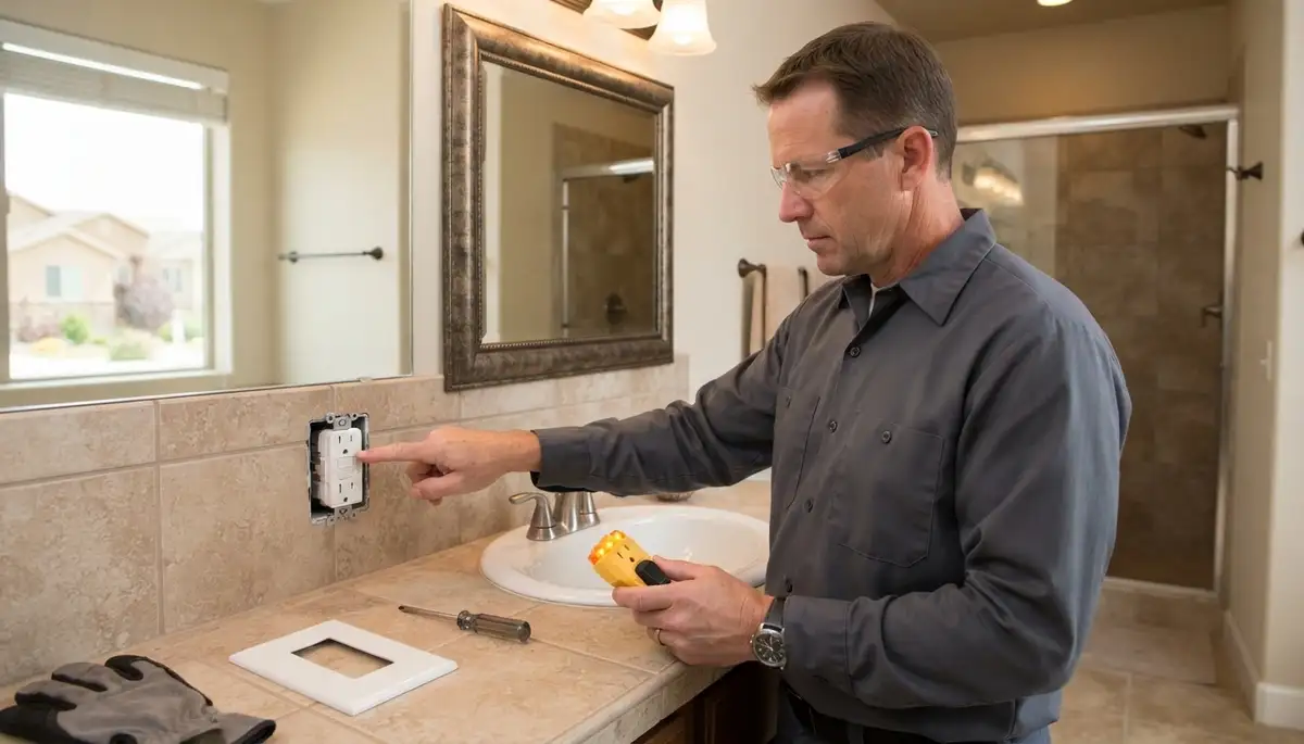 Electrician installing a GFCI outlet for ground-fault protection in a South Jordan, UT bathroom