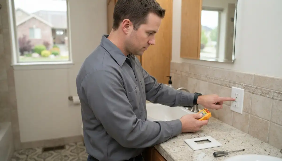 Electrician installing a GFCI outlet for wet-area safety in South Salt Lake, UT