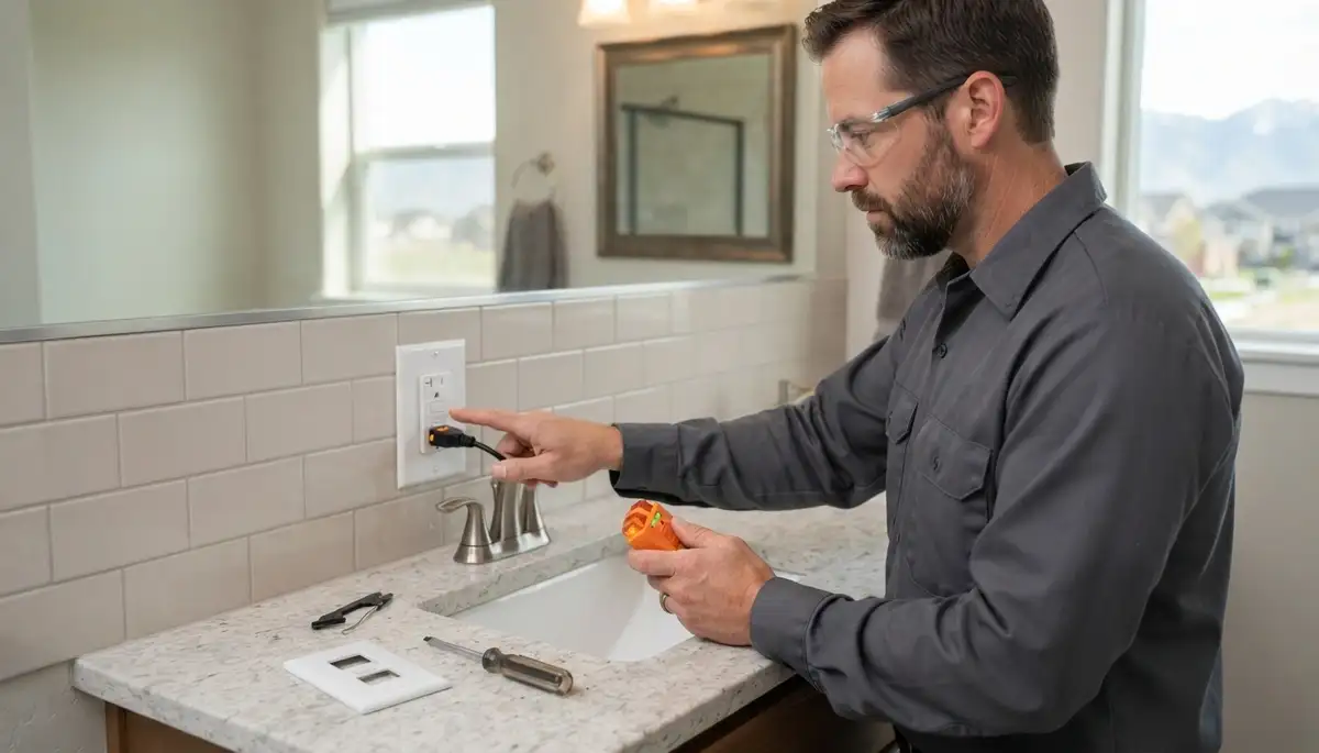 Electrician installing a GFCI outlet for wet-area safety in a West Bountiful, UT home