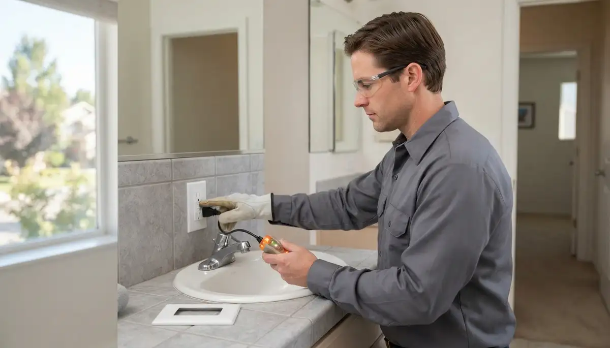 Electrician installing a GFCI outlet for ground-fault protection in a Salt Lake City, UT bathroom