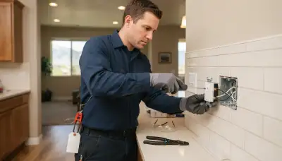 Electrician installing a GFCI receptacle with line and load wiring in a Salt Lake City, UT home