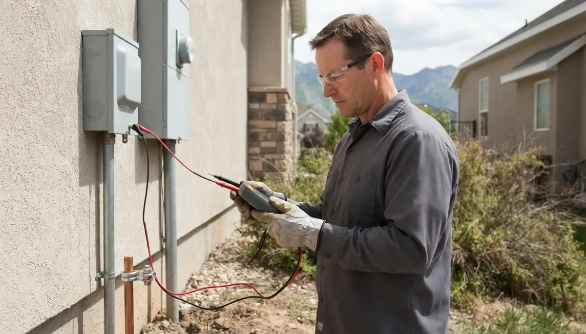 Electrician verifies lightning surge protection ground continuity with a meter in Salt Lake City, UT