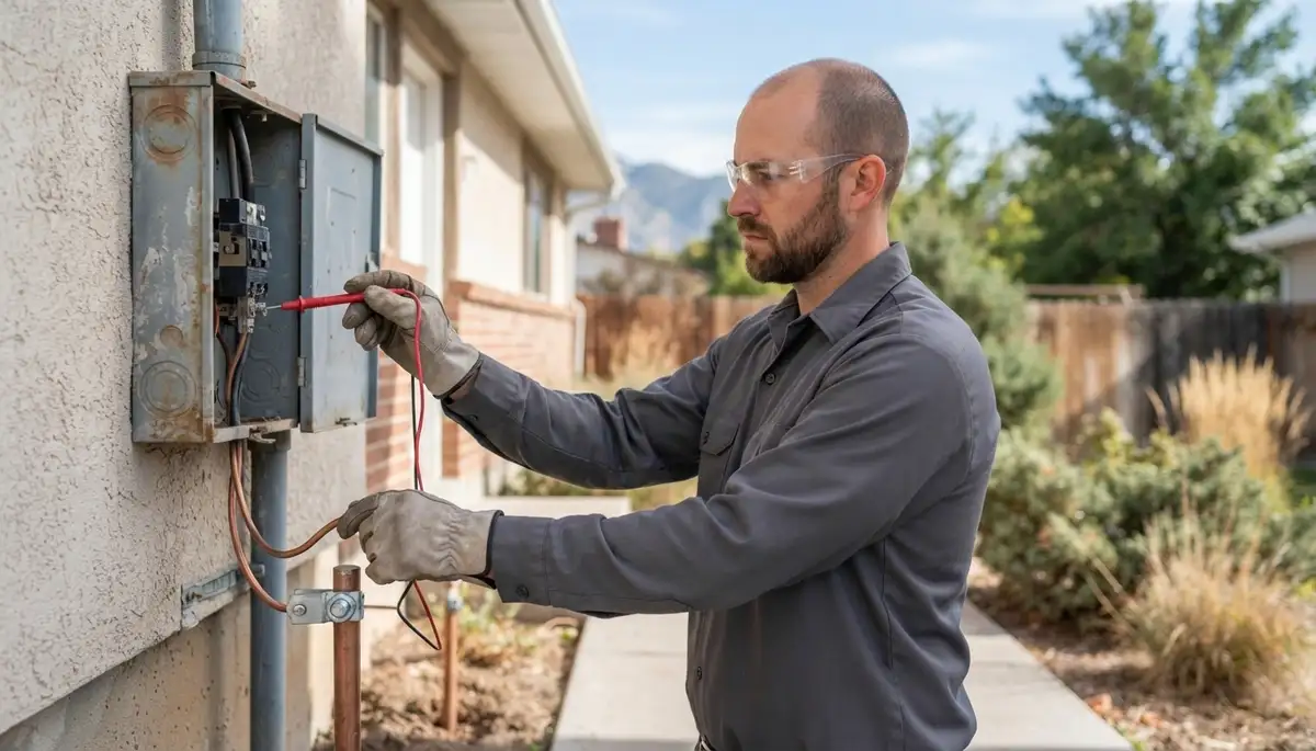 Salt Lake City, UT electrician verifying grounding and voltage at electrical service terminals with a multimeter