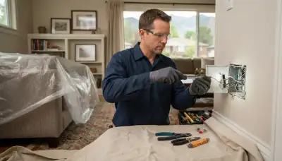Residential electrician in Salt Lake City, UT terminates a circuit with protective drop cloths in a furnished home