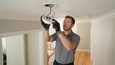 Electrician installing an interconnected smoke detector in a Salt Lake City, UT home
