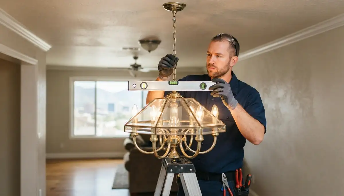 Electrician levels chandelier and tests dimmer during installation in Salt Lake City, UT