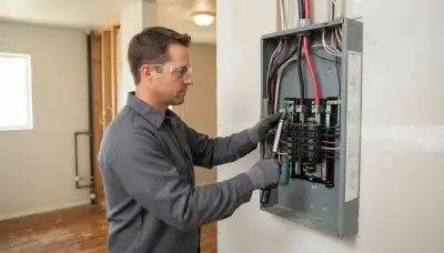 Electrician torques feeder conductors in a new load center during Salt Lake City, UT electrical panel installation