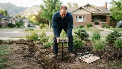 Electrician installing low-voltage landscape lighting fixtures and buried cable at a Salt Lake City, UT home