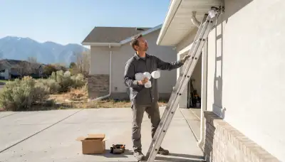 Electrician prepares a weatherproof motion-sensor security light for a Salt Lake City, UT garage installation