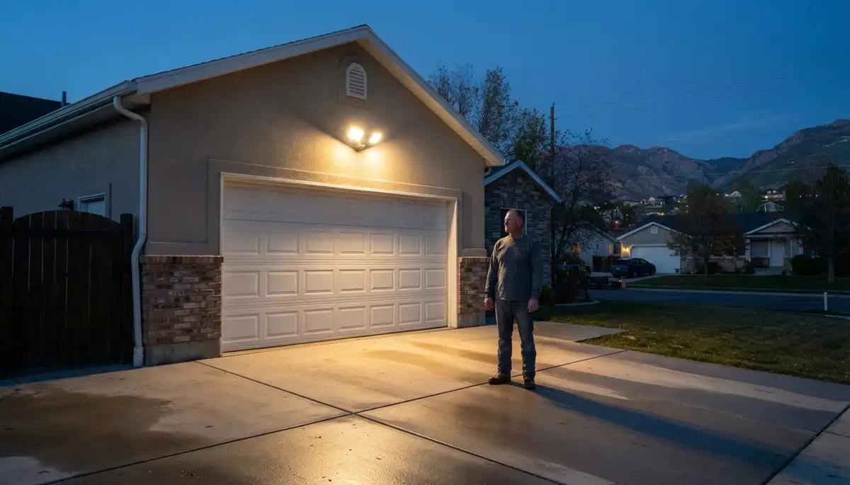 Electrician verifies security light motion coverage across a Salt Lake City, UT driveway at dusk