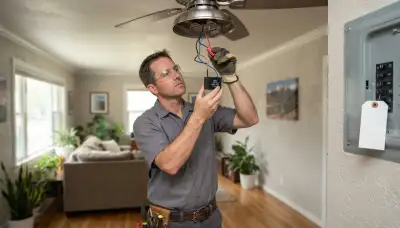 Electrician repairing ceiling fan wiring and capacitor in Salt Lake City, UT