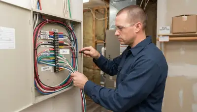 Technician wiring labeled alarm zones in a fire alarm control panel for a Salt Lake City, UT home