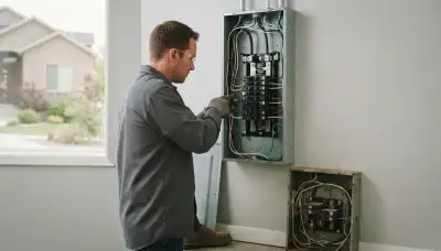 Electrician upgrading an outdated electrical panel in an Alpine, Utah home