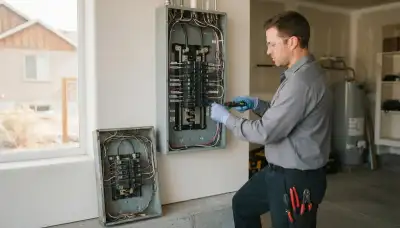 Electrician upgrading an older home from 100-amp to 200-amp electrical service in Bountiful, UT