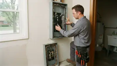 Electrician performing an electrical panel upgrade in an older Centerville, UT home