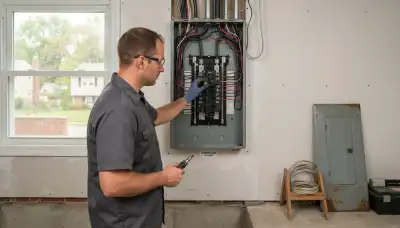 Electrician upgrading an older home's electrical panel in Farmington, UT