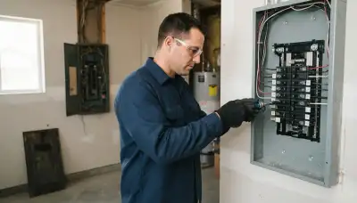 Electrician upgrading an electrical panel in an older Herriman, UT home