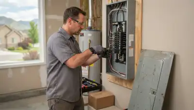 Electrician upgrading an electrical panel in an older South Jordan, Utah home