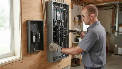Electrician upgrading an electrical panel in an older West Bountiful, UT home