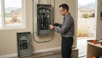 Electrician upgrading an electrical panel in an older West Jordan, UT home