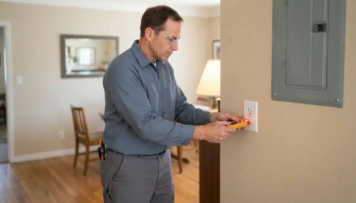 Salt Lake City, UT electrician tests repaired outlet with voltage tester for safe power restoration