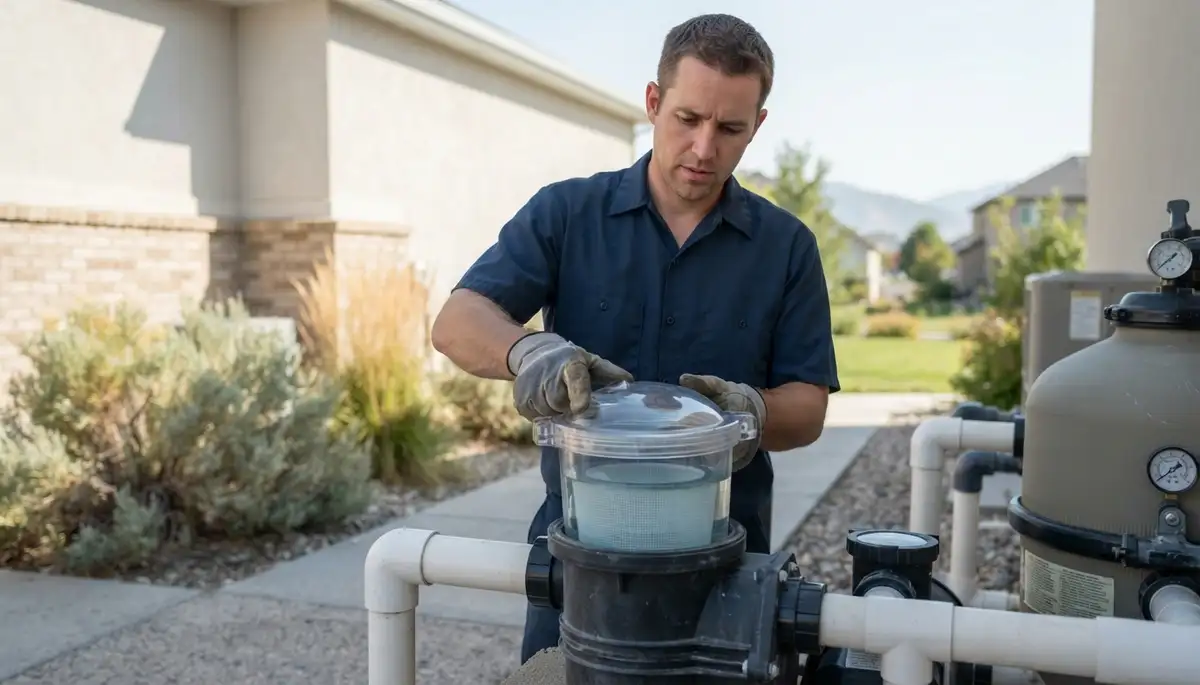 Electrician verifies pool pump flow by securing the strainer lid in Salt Lake City, UT