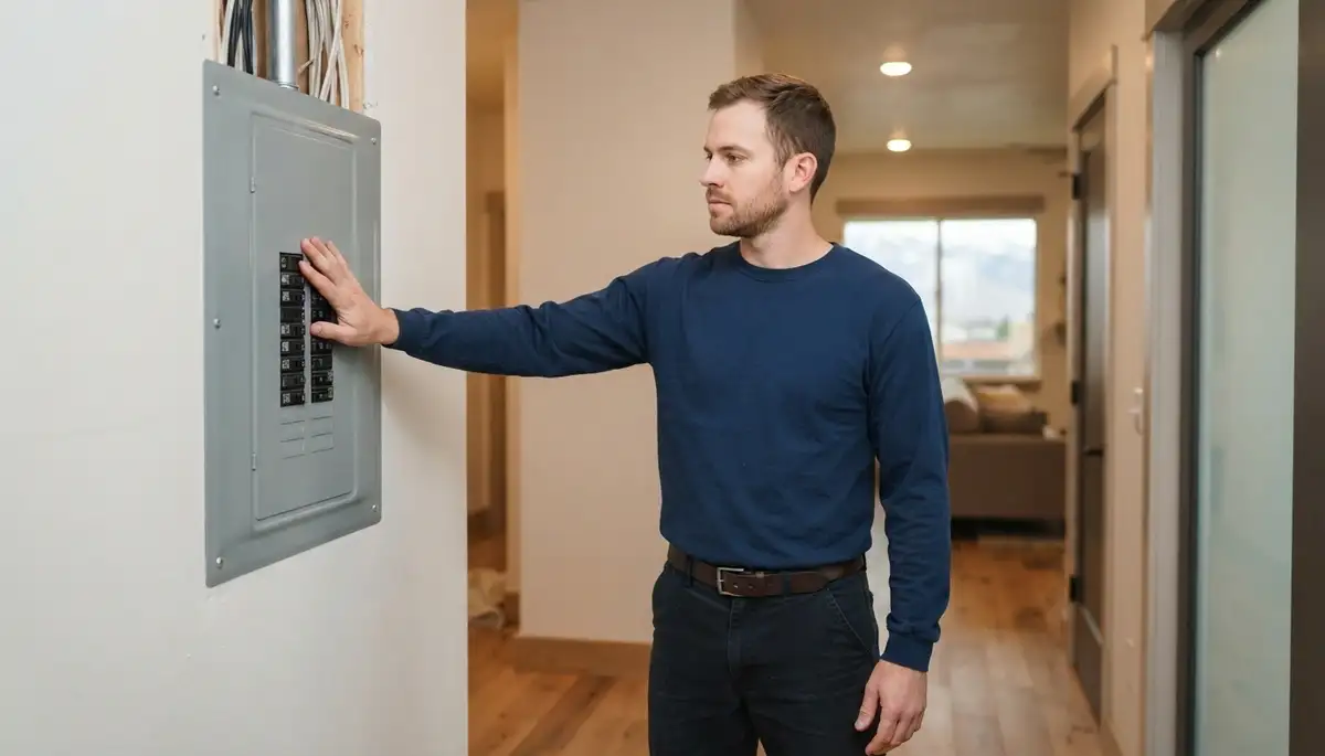 Salt Lake City, UT electrician verifies completed electrical panel during final walkthrough