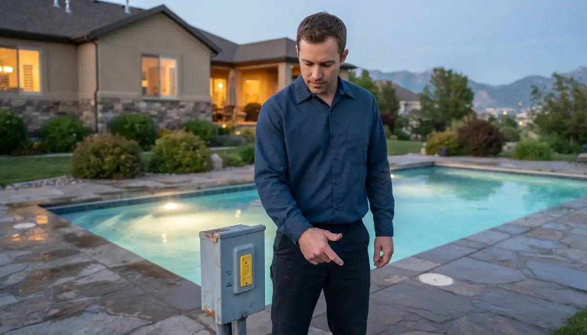 Electrician tests pool GFCI at deck panel with even underwater lighting in Salt Lake City, UT