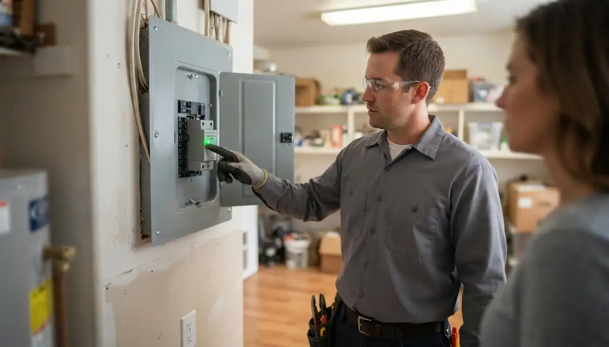Electrician verifies active whole-home surge protection indicator in a Salt Lake City, UT home