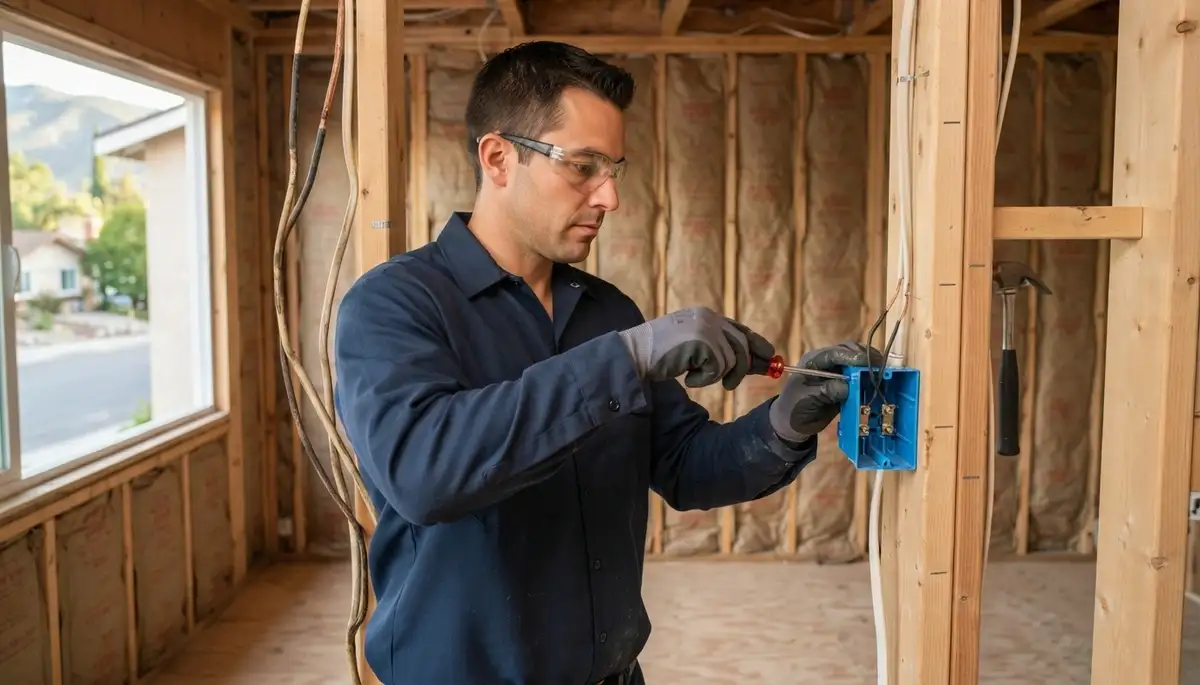 Electrician rewiring a wall circuit in Alpine, Utah with new cable and secure device-box connections