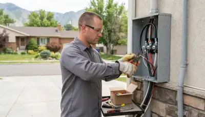 Electrician terminates heavy service conductors in a new meter base in Salt Lake City, UT