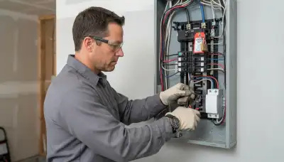 Electrician installs a whole-home surge protector at an electrical panel in a Salt Lake City, UT home
