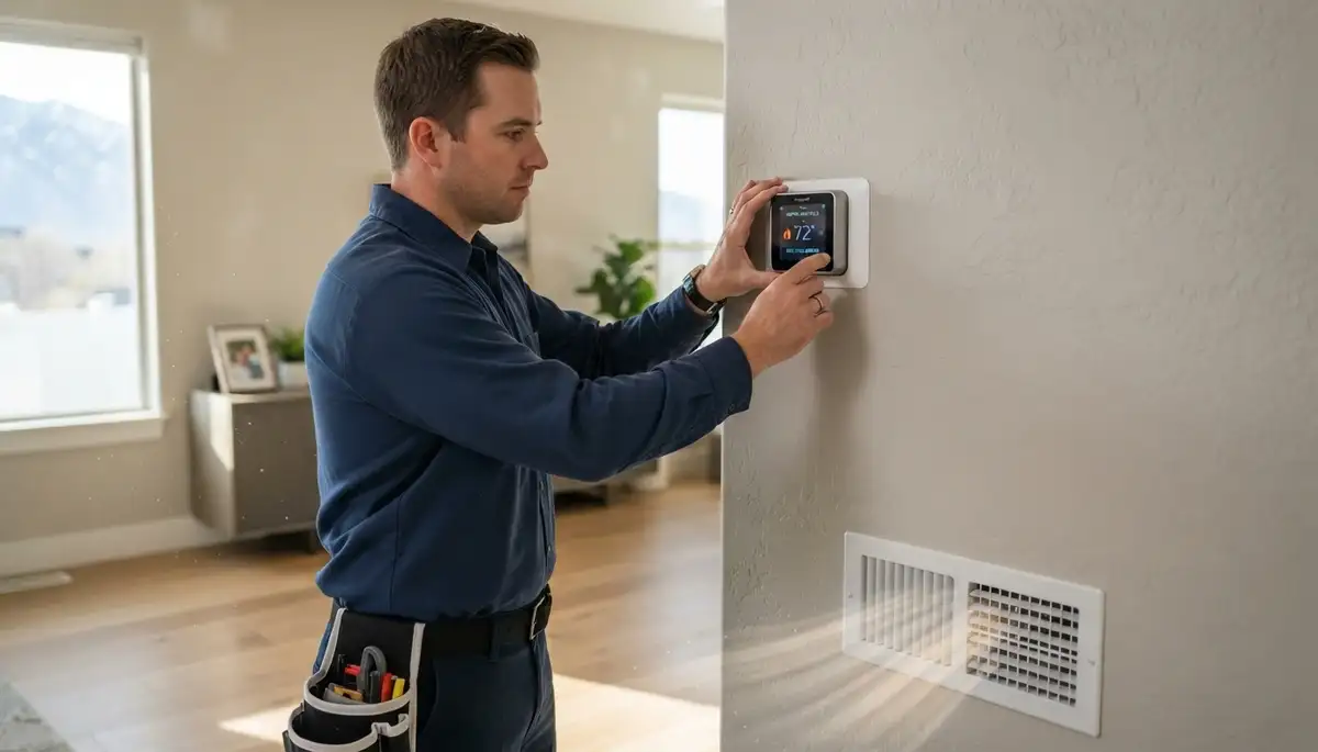 Technician tests a newly installed thermostat’s heating and cooling cycles in a Salt Lake City, UT home