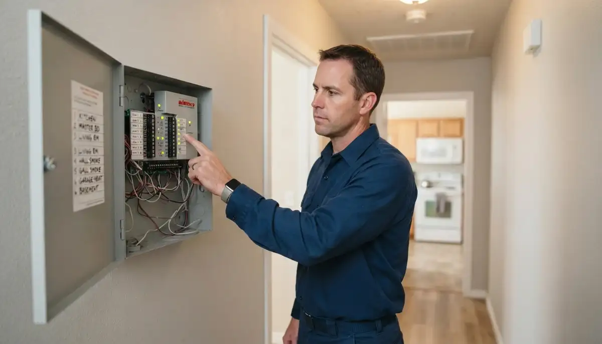 Technician tests fire alarm panel zones with homeowner during Salt Lake City, UT installation walkthrough