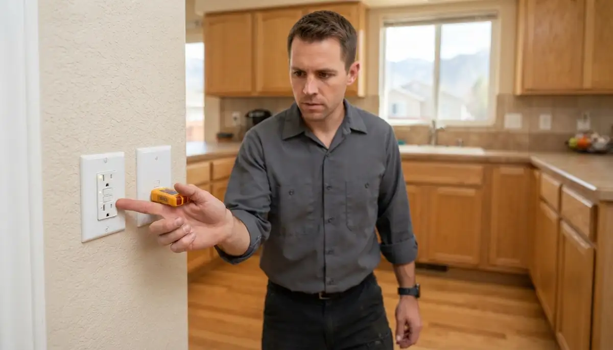 Electrician testing a newly installed GFCI outlet in a Salt Lake City, UT home