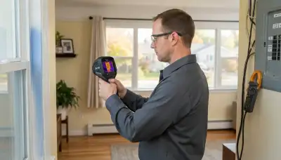 Electrician using a thermal camera and load meter during a home energy audit in Salt Lake City, UT