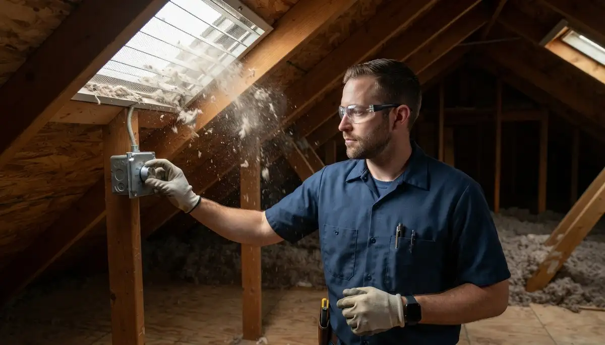 Electrician adjusts attic fan thermostat and verifies soffit airflow in Salt Lake City, UT