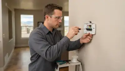 Electrician wiring a thermostat base during thermostat installation in Salt Lake City, UT
