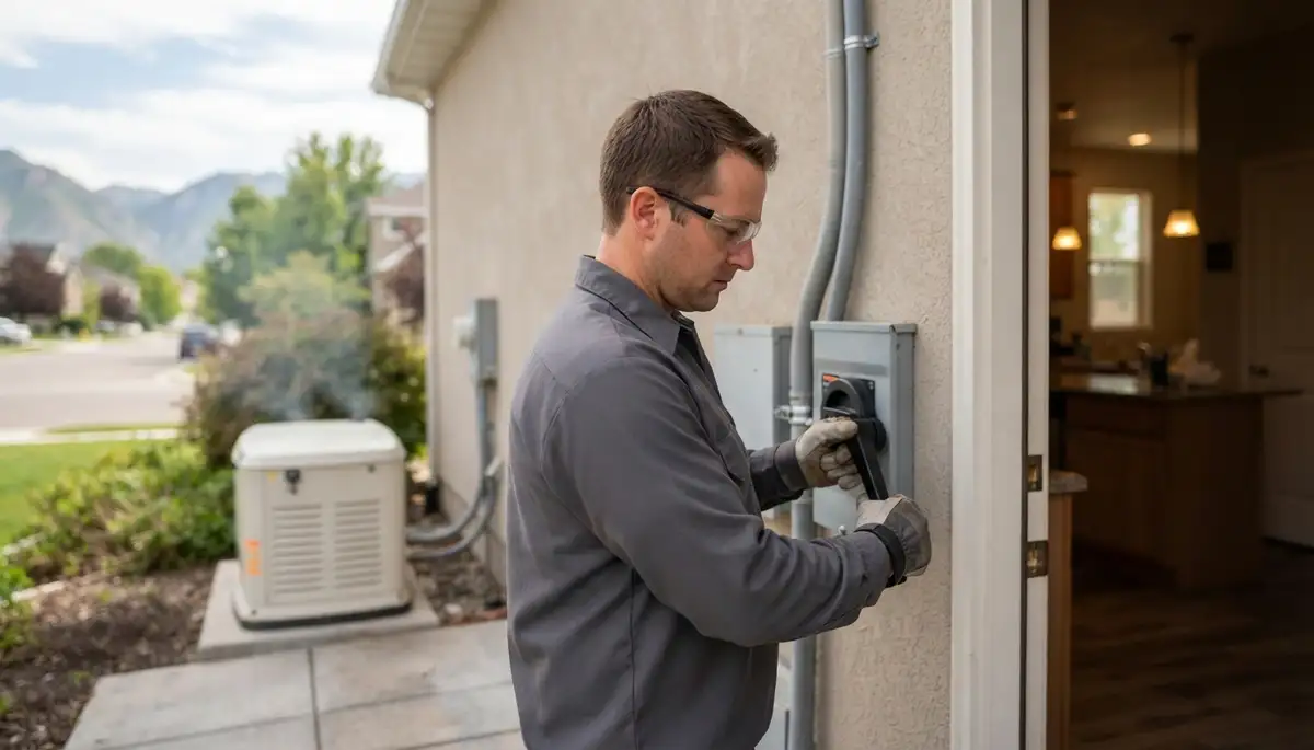 Salt Lake City electrician tests a generator transfer switch during a simulated home power outage