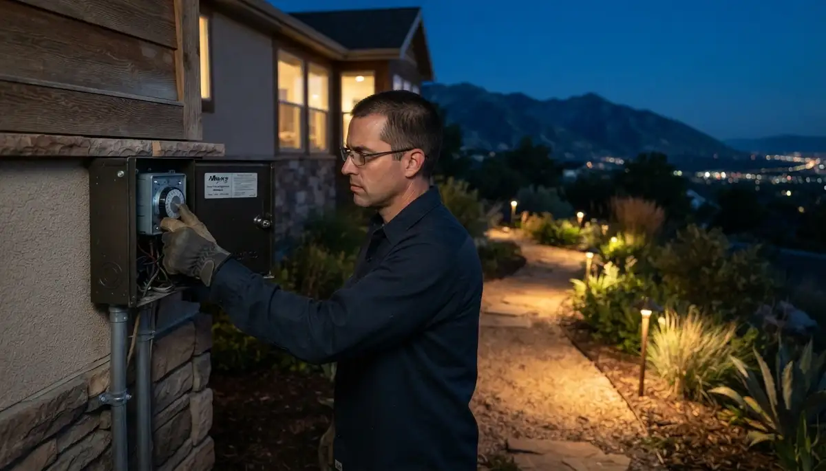 Electrician adjusting a landscape lighting transformer timer during night verification in Salt Lake City, UT