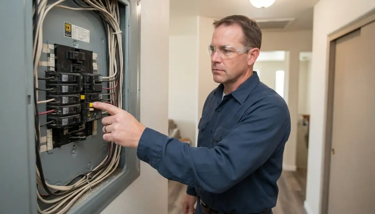 Salt Lake City, UT electrician presses a GFCI breaker test button to verify ground-fault protection