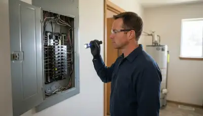 Electrician performing a whole-home electrical inspection with a voltage tester in Midvale, UT