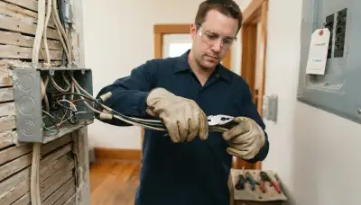 Electrician replacing scorched wiring and a failed device in a junction box in Salt Lake City, UT