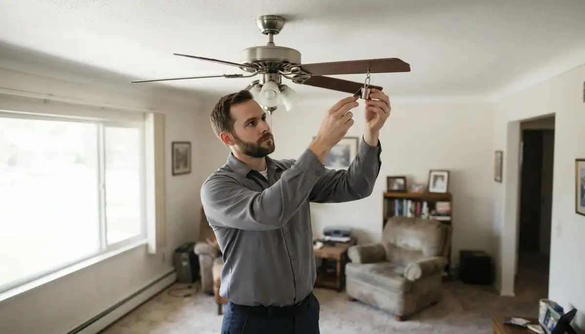 Technician balances a ceiling fan blade during repair verification in Salt Lake City, UT